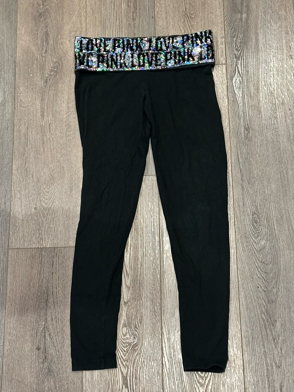 VS PINK Yoga 2013 Rainbow Holographic Sequin Foldover Leggings S Rare HTF Rare